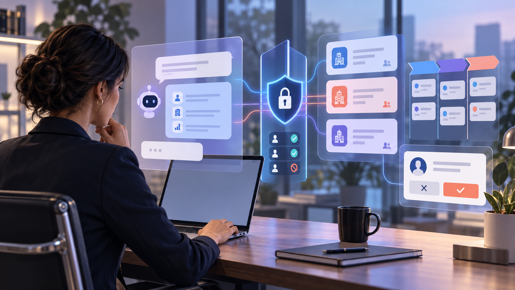 Profesional revisa paneles conceptuales de mensajería, CRM, permisos y aprobación desde una computadora.