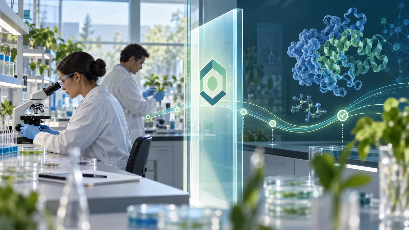 Investigadores revisan datos moleculares en un laboratorio con una capa visual de acceso verificado y trazabilidad