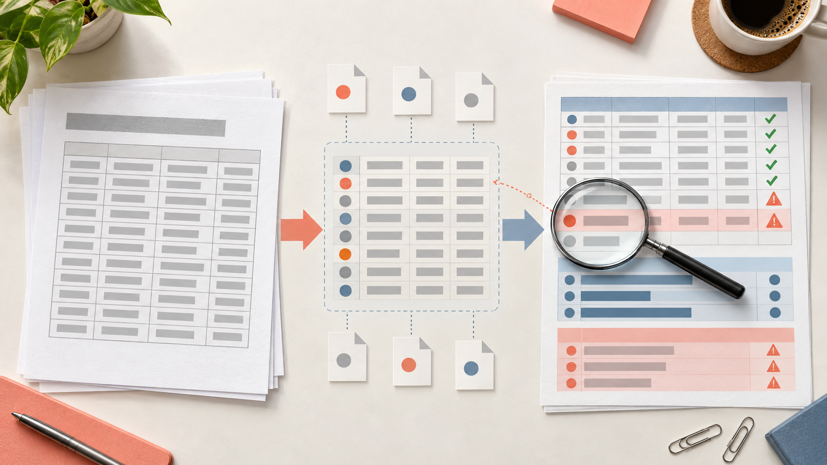 Flujo de una tabla PDF hacia una planilla con datos estructurados, controles y comparación con el documento fuente