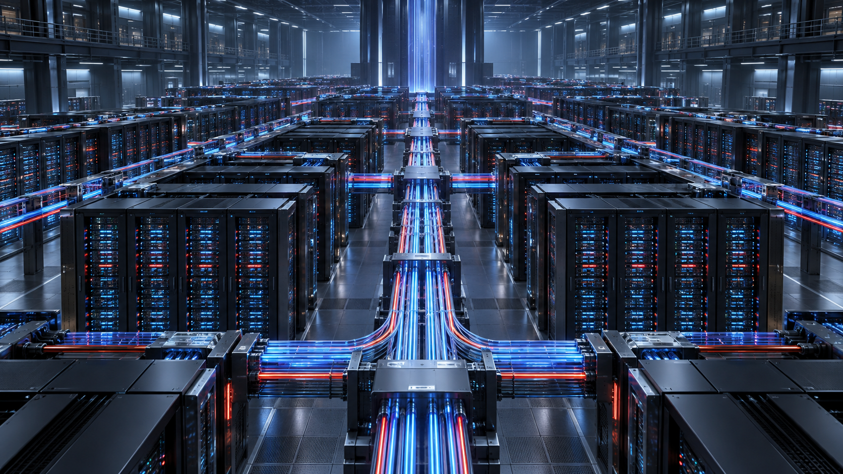 Aceleradores de inteligencia artificial conectados por una red óptica de alta velocidad dentro de un centro de datos
