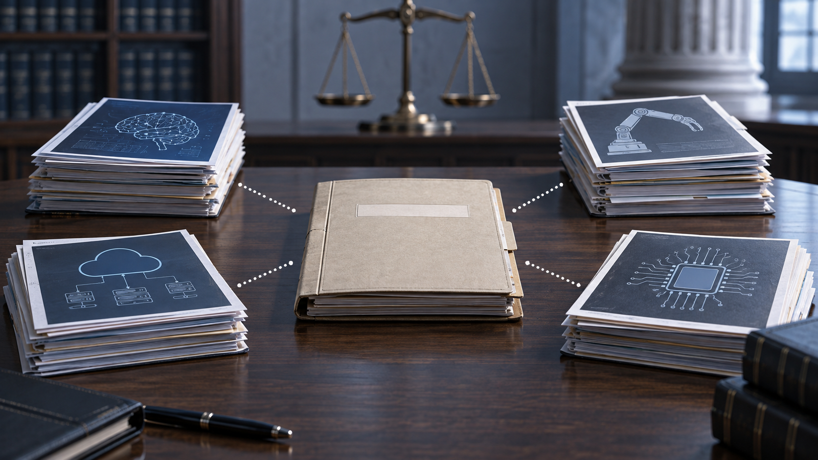 Expediente judicial rodeado por cuatro grupos separados de documentos conectados mediante líneas punteadas