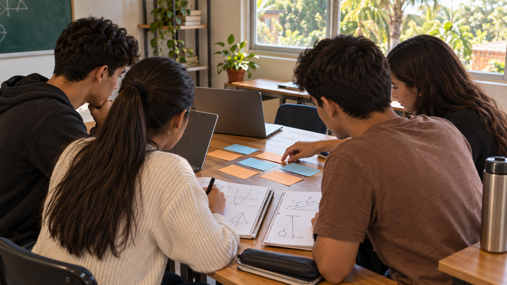 Estudiantes colaboran con laptops y cuadernos de Matemática y Física en una ilustración de un hackathon educativo en Paraguay