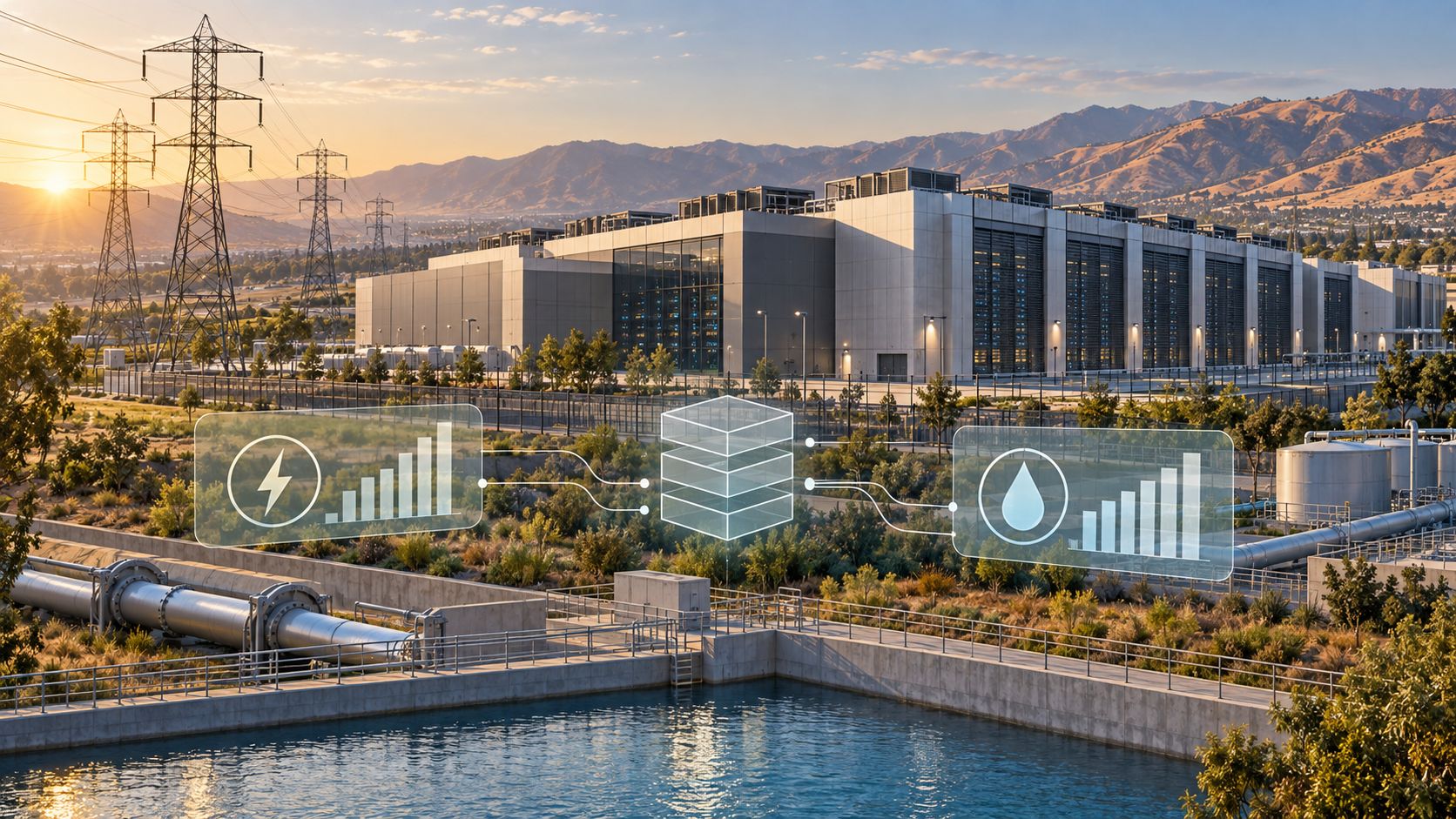 Centro de datos en California junto a líneas eléctricas y sistemas de agua