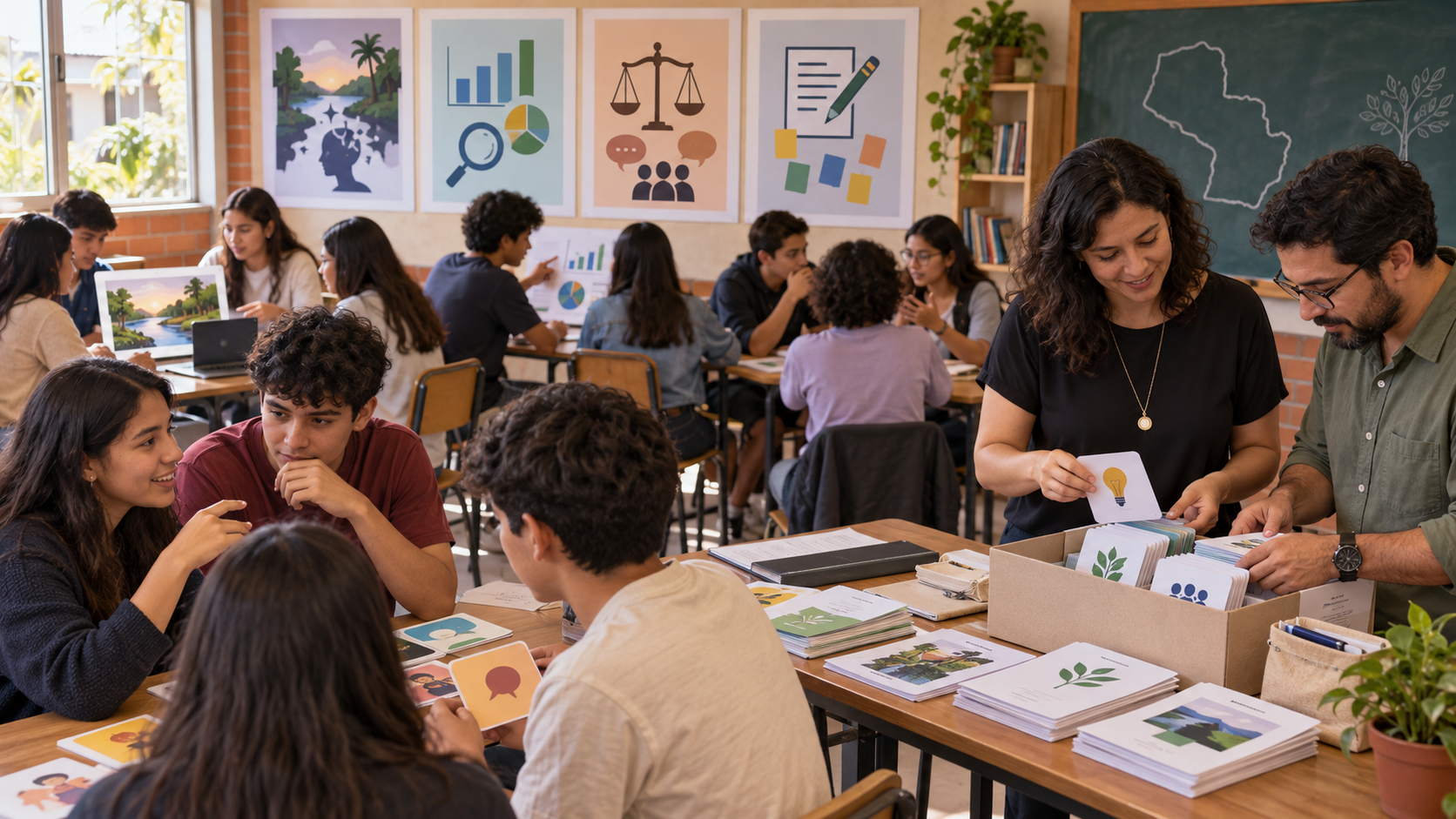 Estudiantes trabajan en estaciones educativas mientras docentes revisan un kit de actividades sobre IA