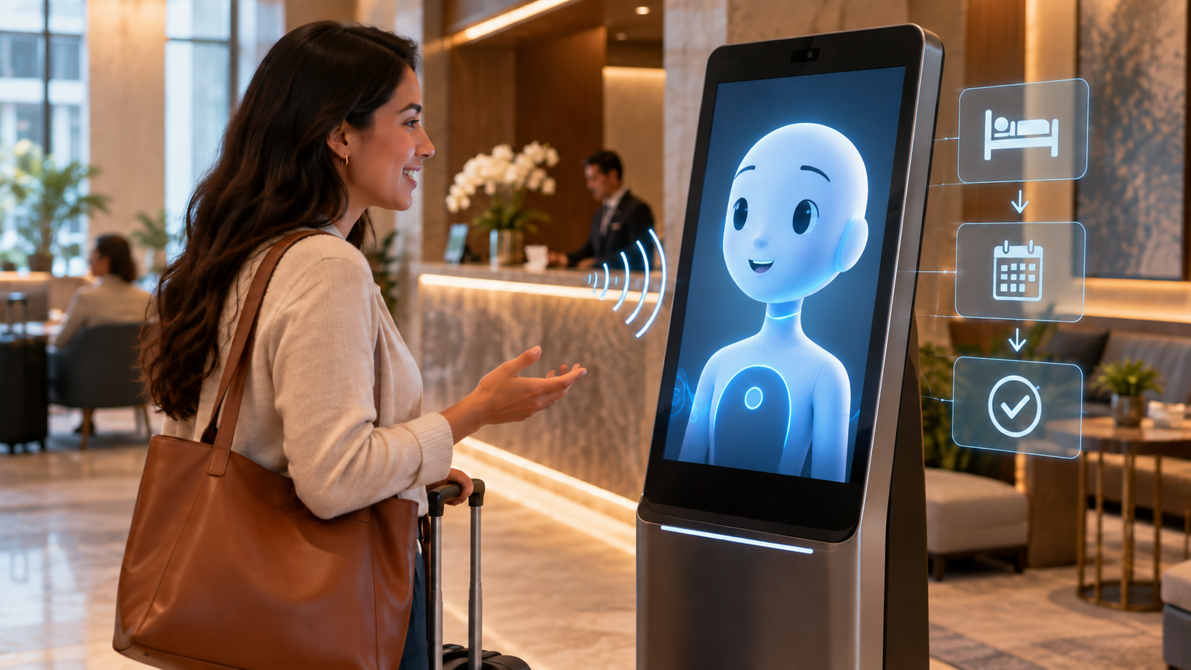 Persona conversa en un kiosco con un avatar digital sintético mientras el sistema procesa voz y una tarea