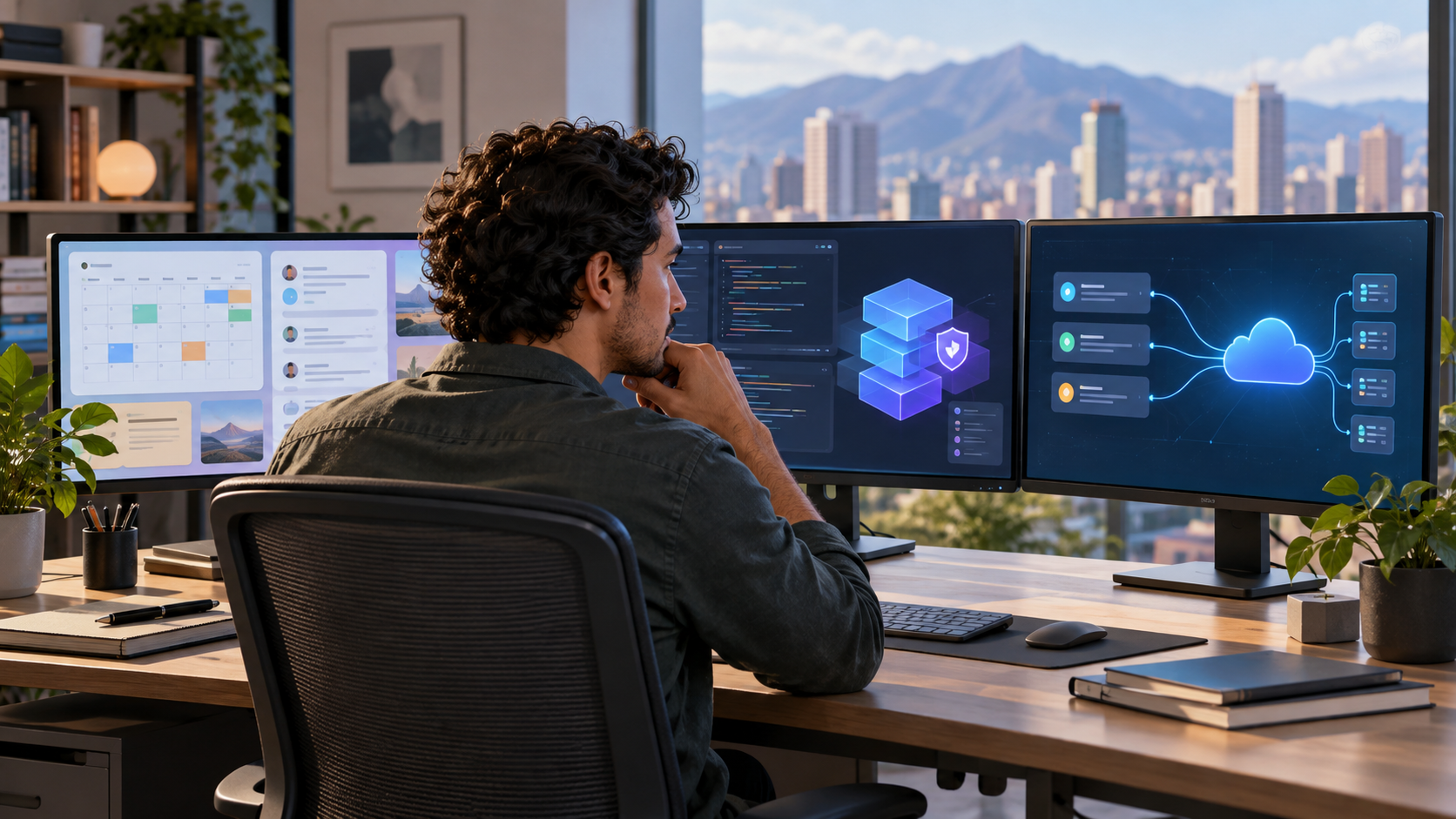 Profesional ante tres espacios conectados que representan asistencia, creación de software y automatización persistente