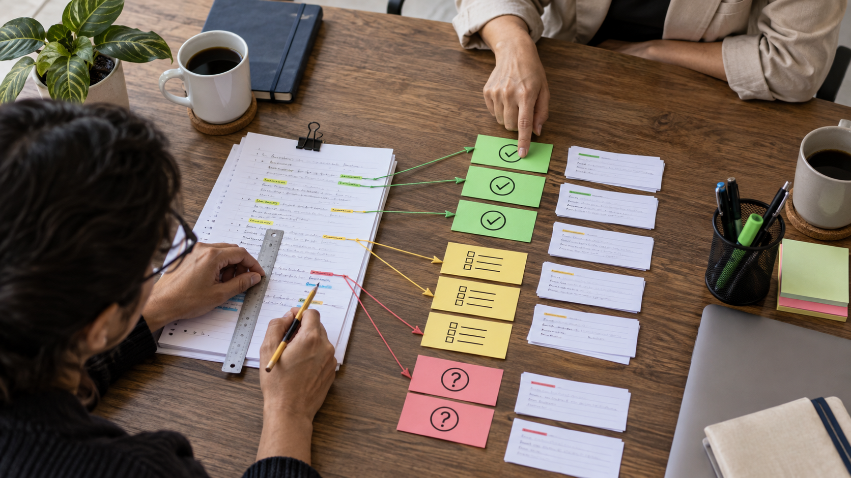 Mesa de trabajo con notas conectadas a decisiones, tareas y dudas pendientes para comprobar su trazabilidad.