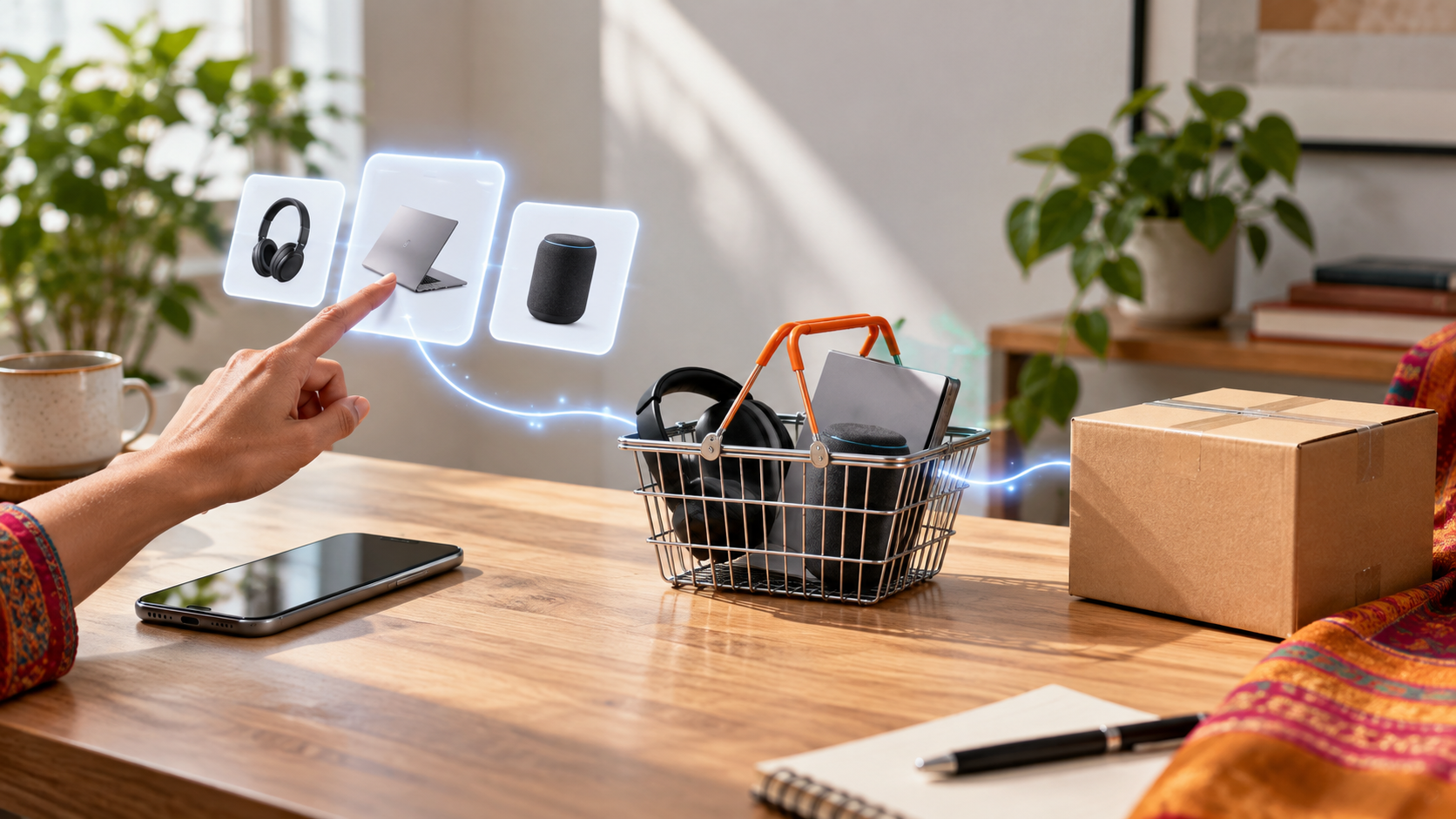 Mano seleccionando productos electrónicos abstractos que pasan a una cesta de compra junto a un teléfono y un paquete