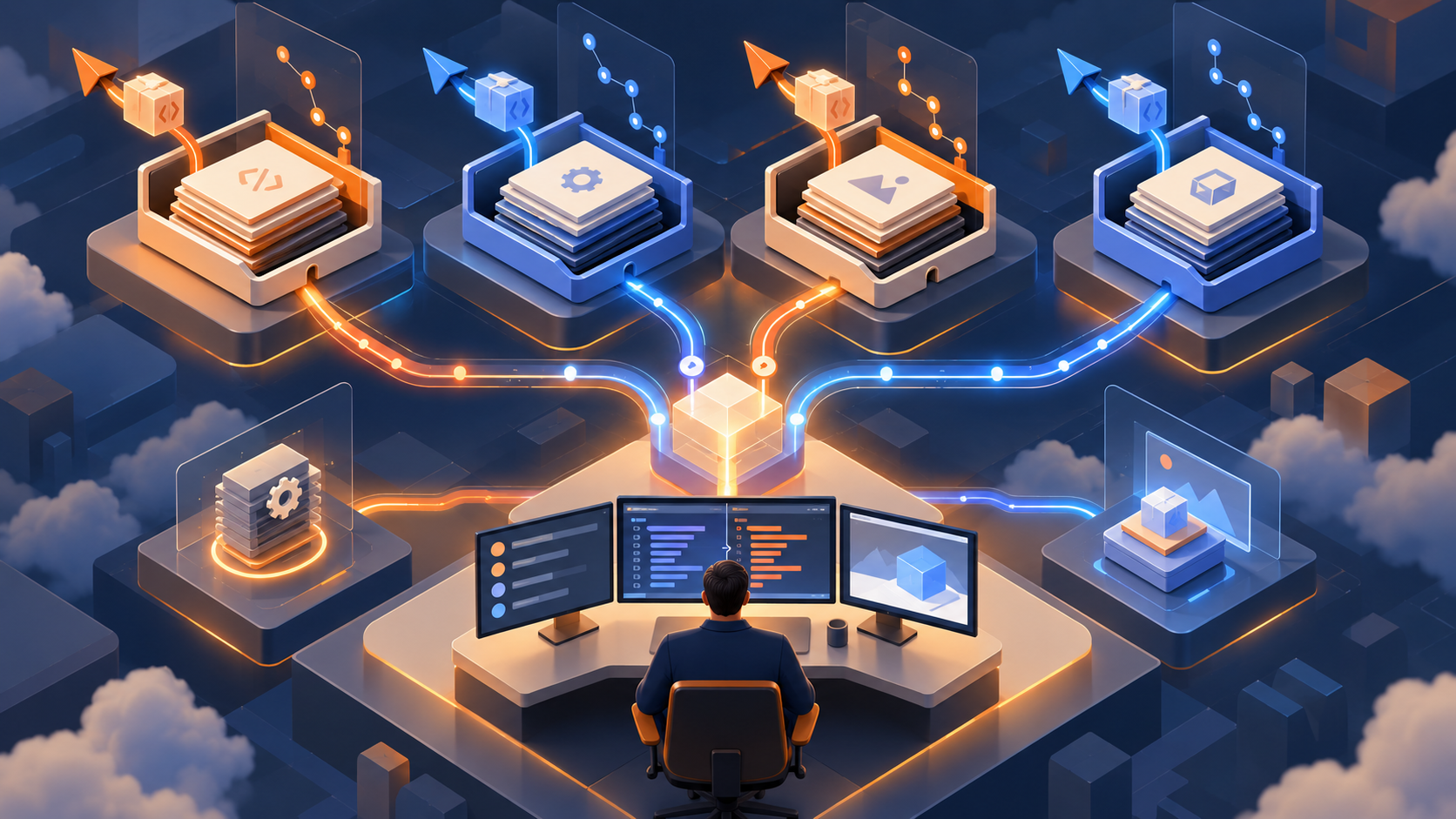Repositorios versionados separados que reciben cambios de varios agentes de software