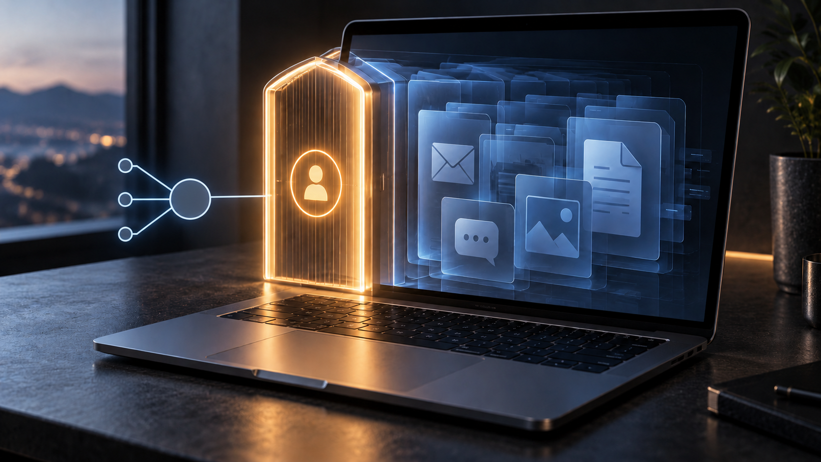 Ilustración de una computadora portátil con archivos protegidos detrás de una puerta de permiso