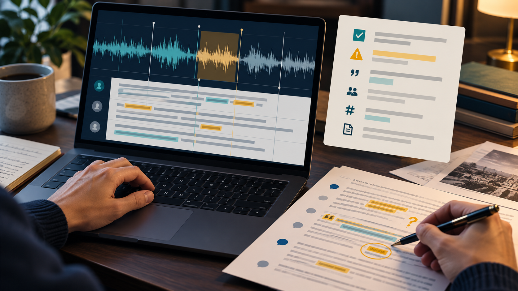 Persona compara una onda de audio con una transcripción y una lista de comprobación de citas