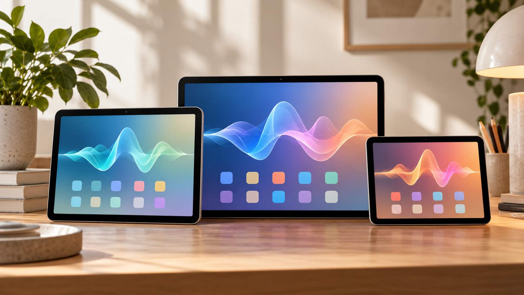 Tres tablets genéricas de distintos tamaños con ondas de voz abstractas sobre una mesa