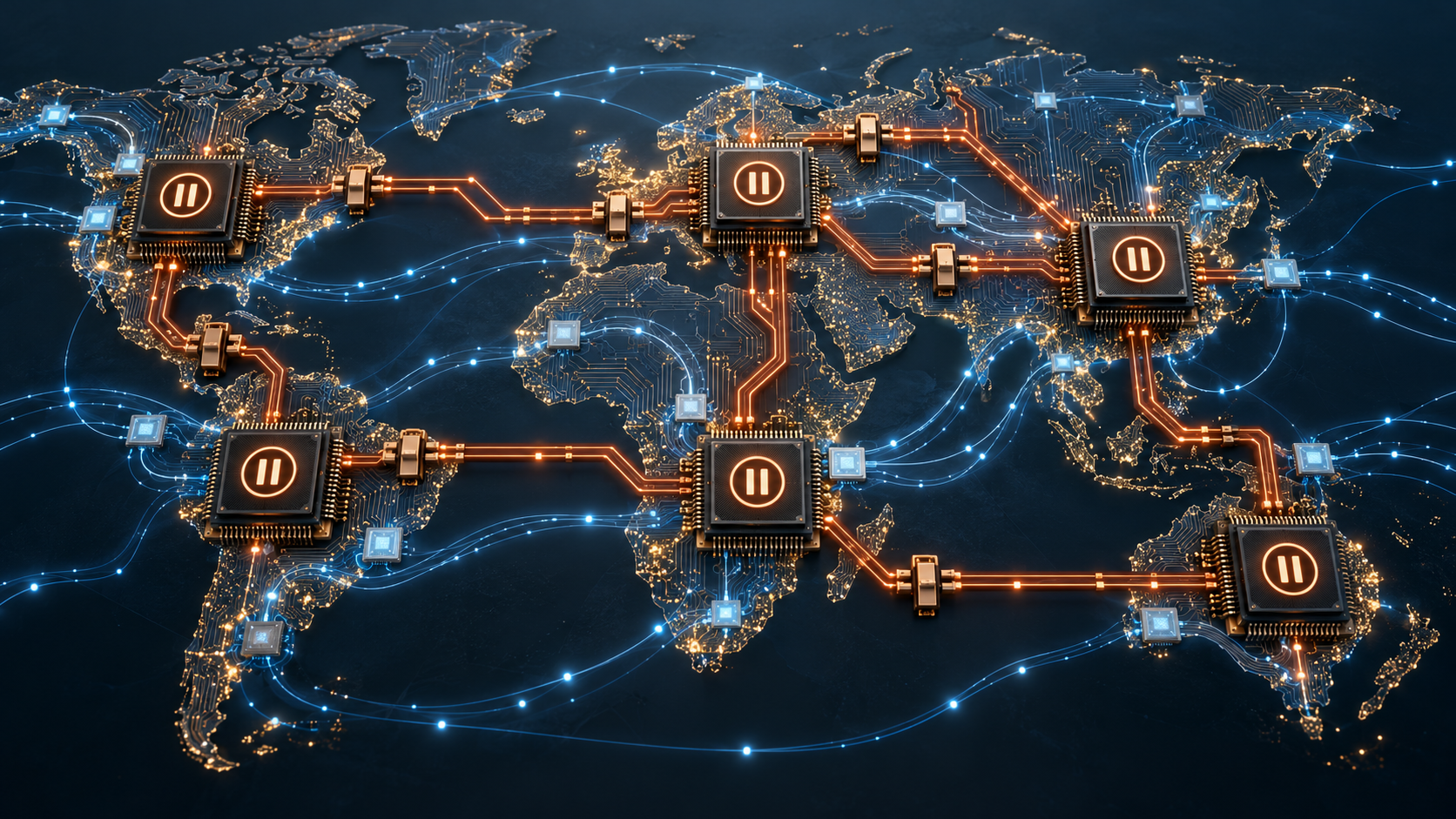 Mapa mundial formado por circuitos con chips de entrenamiento en pausa y rutas de inferencia activas