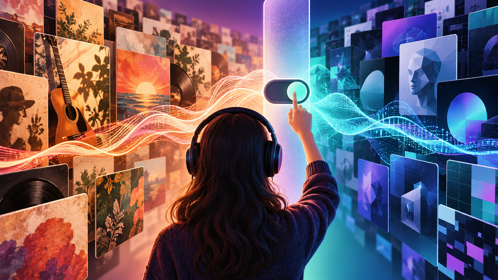 Ilustración conceptual de una búsqueda musical que separa pistas humanas y generadas por IA.
