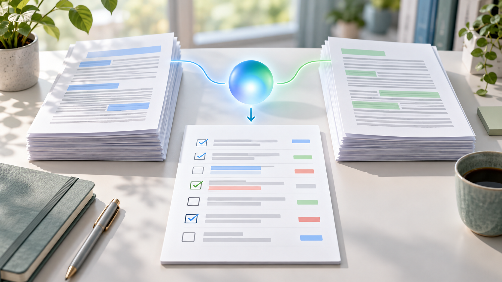 Ilustración conceptual de documentos que se transforman en una lista de verificación mediante asistencia de IA.