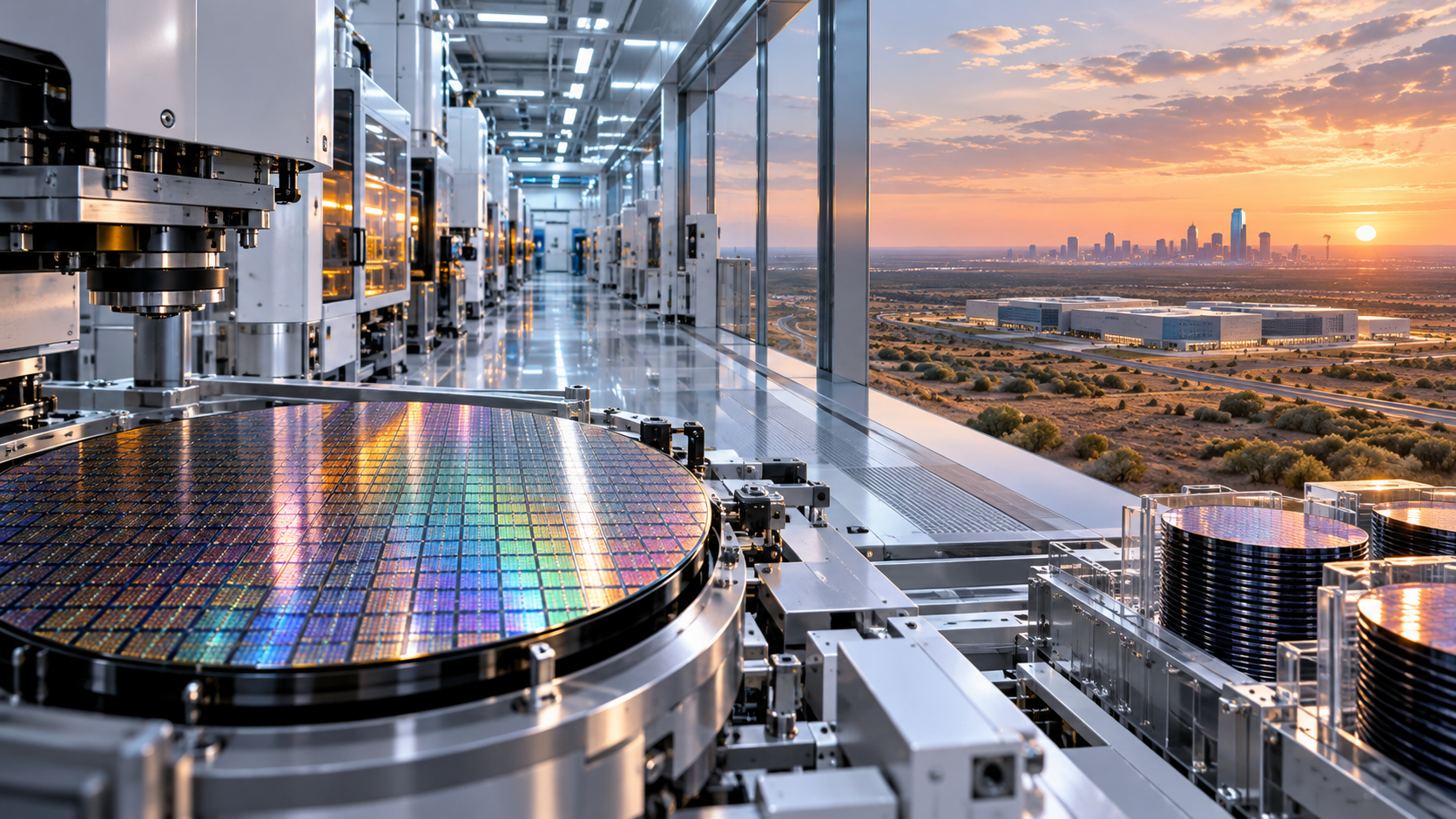Ilustración conceptual de una fábrica de semiconductores y un posible complejo industrial en Texas.